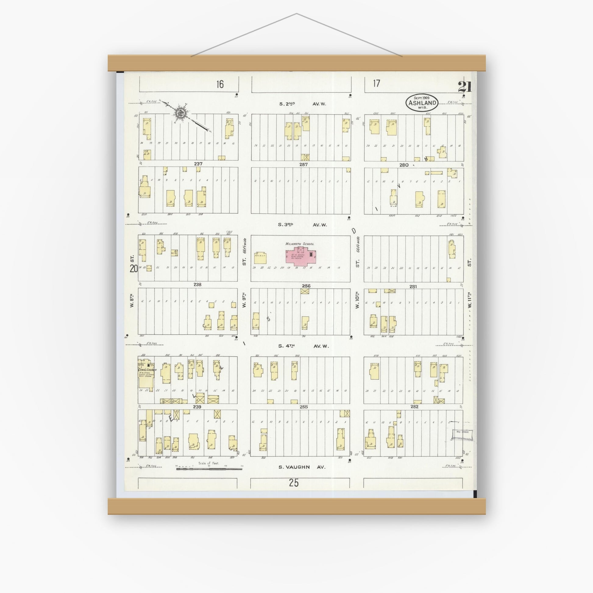 Old map wall art mockup — magnetic wood frame on white wall — Sanborn Fire Insurance Map from Ashland, Ashland County, Wisconsin (1909), Sheet #0021