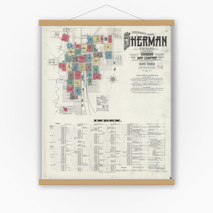 Old map wall art mockup — magnetic wood frame on white wall — Sanborn Fire Insurance Map from Sherman, Grayson County, Texas (1908) - Complete Map Set