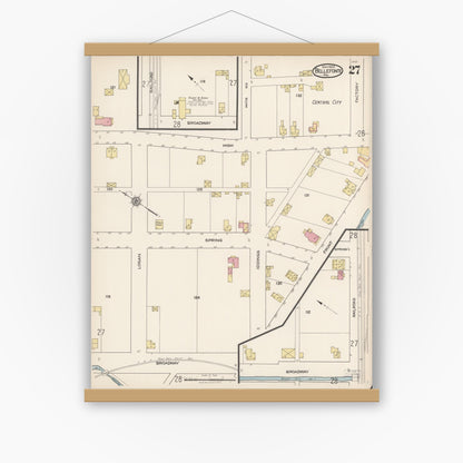 Old map wall art mockup — magnetic wood frame on white wall — Sanborn Fire Insurance Map from Bellefonte, Centre County, Pennsylvania (1922), Sheet #0027