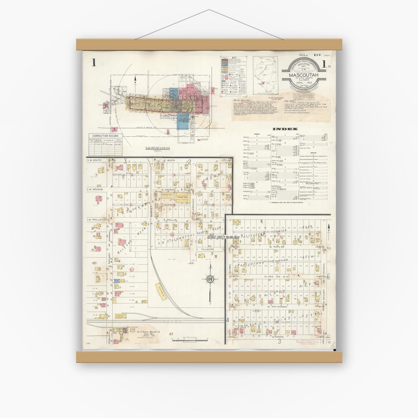 Old map wall art mockup — magnetic wood frame on white wall — Sanborn Fire Insurance Map from Mascoutah, Saint Clair County, Illinois (1942) - Complete Map Set