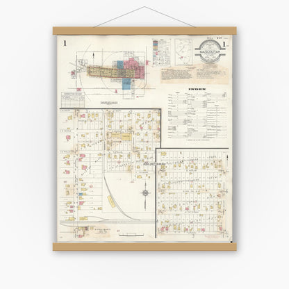 Old map wall art mockup — magnetic wood frame on white wall — Sanborn Fire Insurance Map from Mascoutah, Saint Clair County, Illinois (1942) - Complete Map Set