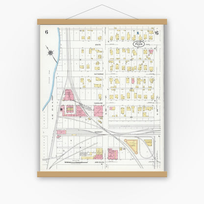 Old map wall art mockup — magnetic wood frame on white wall — Sanborn Fire Insurance Map from Pekin, Tazewell County, Illinois (1925), Sheet #0006