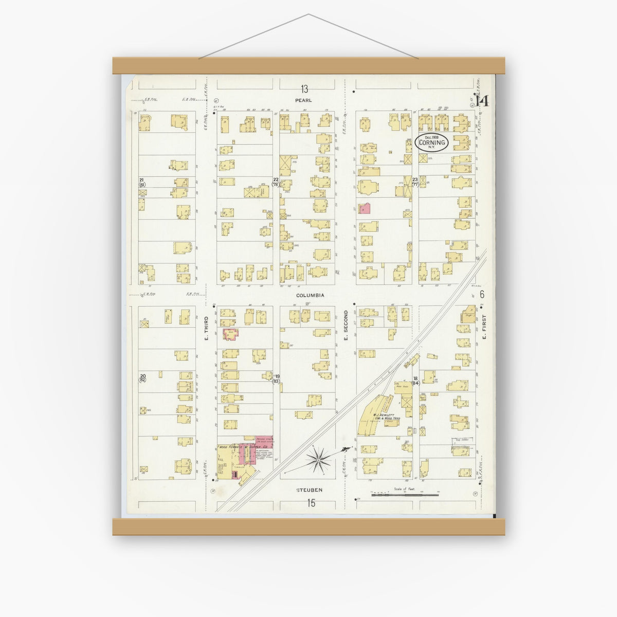 Old map wall art mockup — magnetic wood frame on white wall — Sanborn Fire Insurance Map from Corning, Steuben County, New York (1908), Sheet #0014