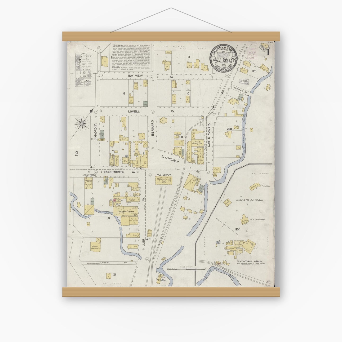 Old map wall art mockup — magnetic wood frame on white wall — Sanborn Fire Insurance Map from Mill Valley, Marin County, California (1903) - Complete Map Set