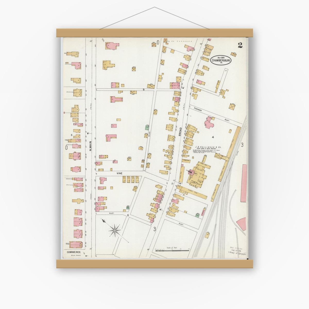 Old map wall art mockup — magnetic wood frame on white wall — Sanborn Fire Insurance Map from Chambersburg, Franklin County, Pennsylvania (1899), Sheet #0002