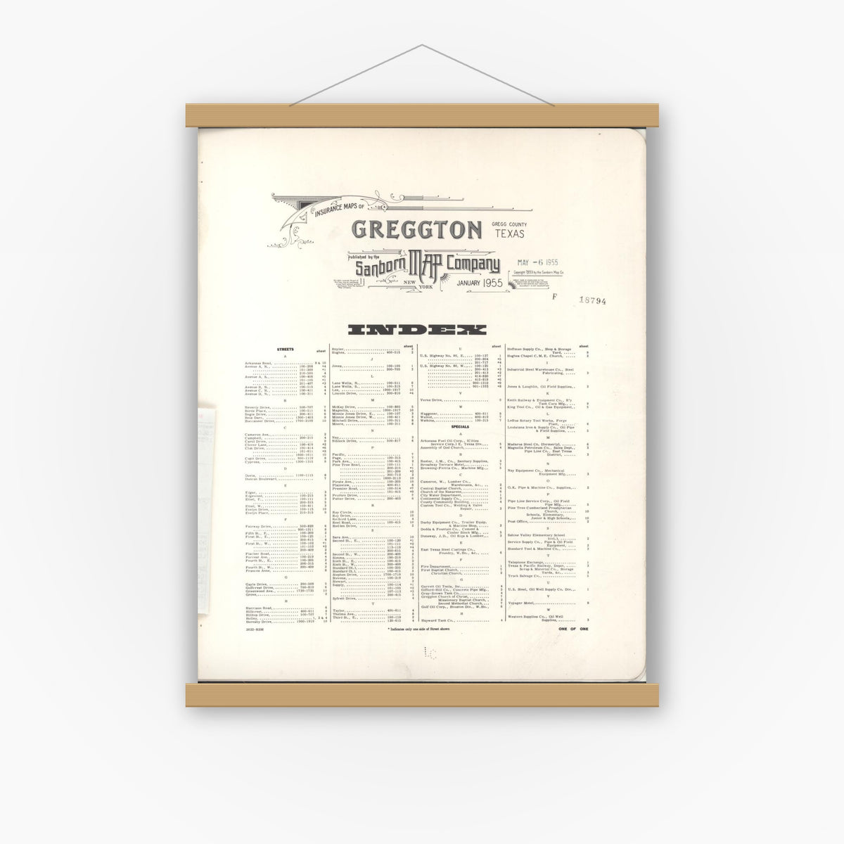 Old map wall art mockup — magnetic wood frame on white wall — Sanborn Fire Insurance Map from Greggton, Gregg County, Texas (1955), Sheet #0001