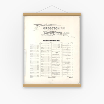 Old map wall art mockup — magnetic wood frame on white wall — Sanborn Fire Insurance Map from Greggton, Gregg County, Texas (1955), Sheet #0001