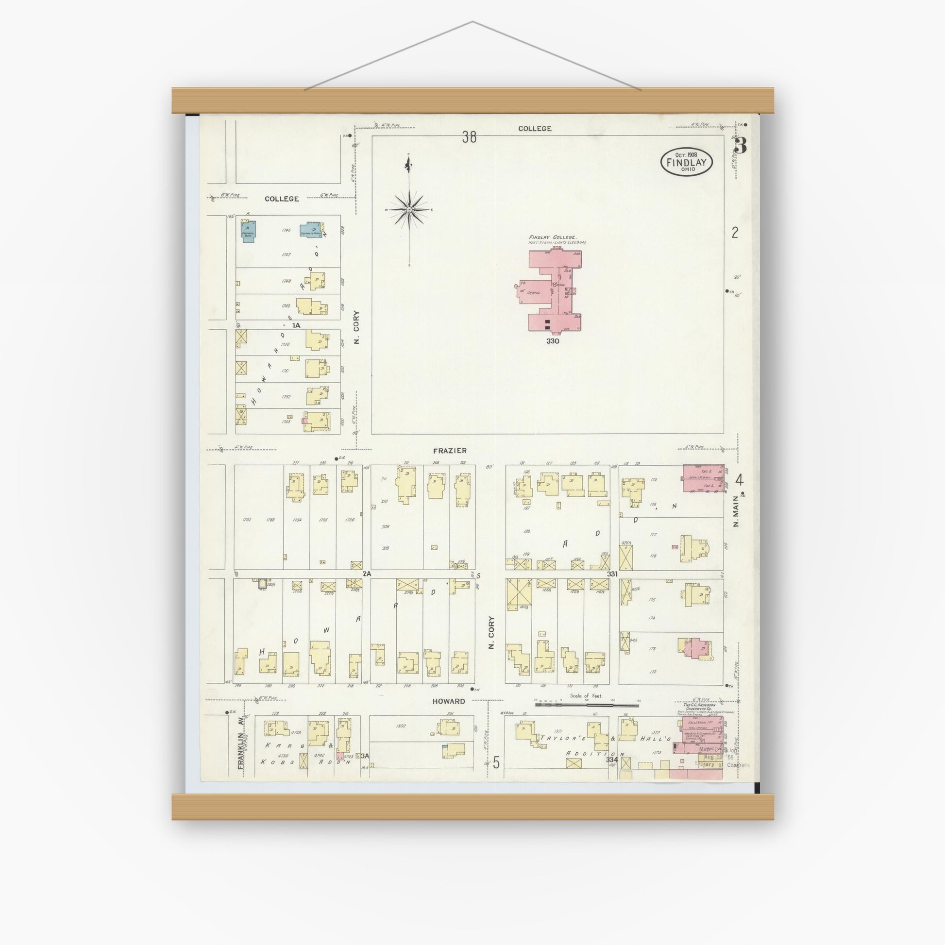 Old map wall art mockup — magnetic wood frame on white wall — Sanborn Fire Insurance Map from Findlay, Hancock County, Ohio (1908), Sheet #0003