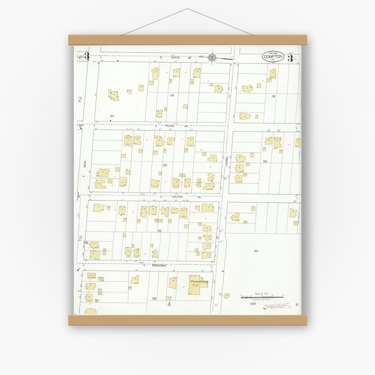 Old map wall art mockup — magnetic wood frame on white wall — Sanborn Fire Insurance Map from Compton, Los Angeles County, California (1925), Sheet #0003