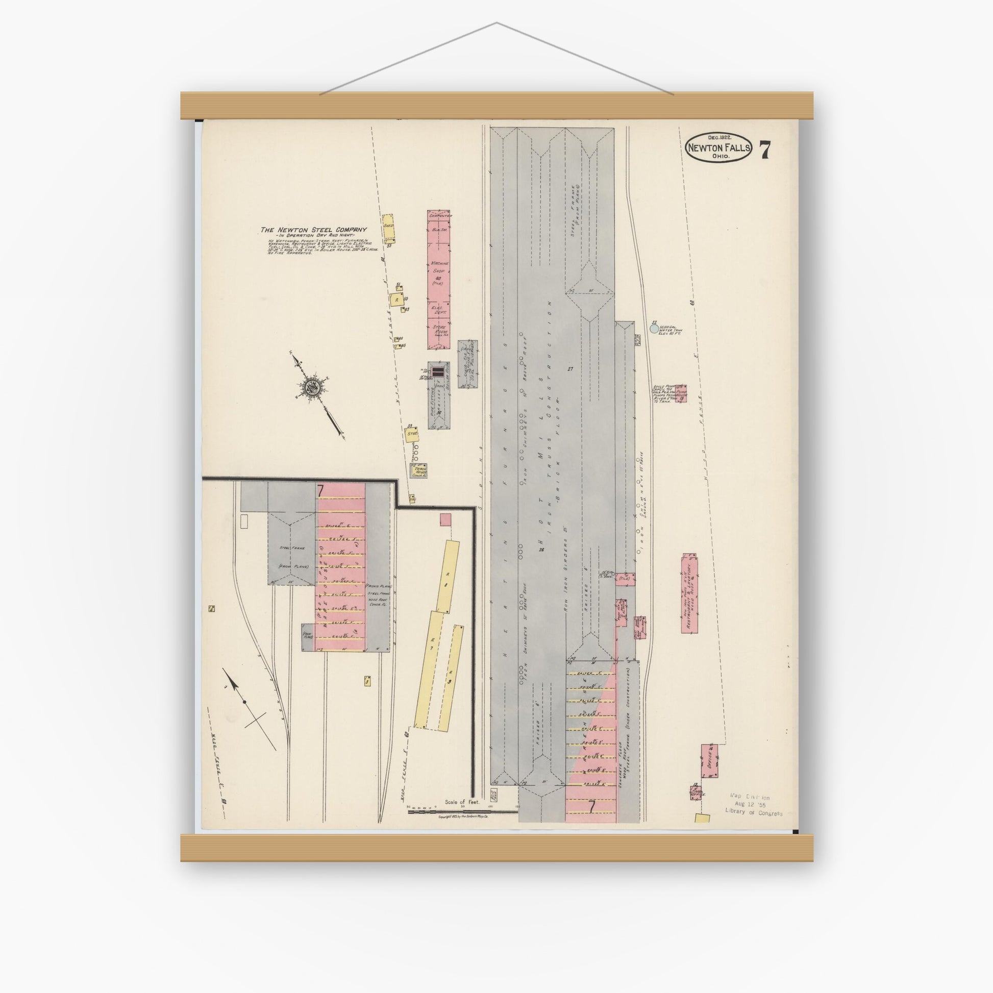 Old map wall art mockup — magnetic wood frame on white wall — Sanborn Fire Insurance Map from Newton Falls, Trumbull County, Ohio (1922), Sheet #0007