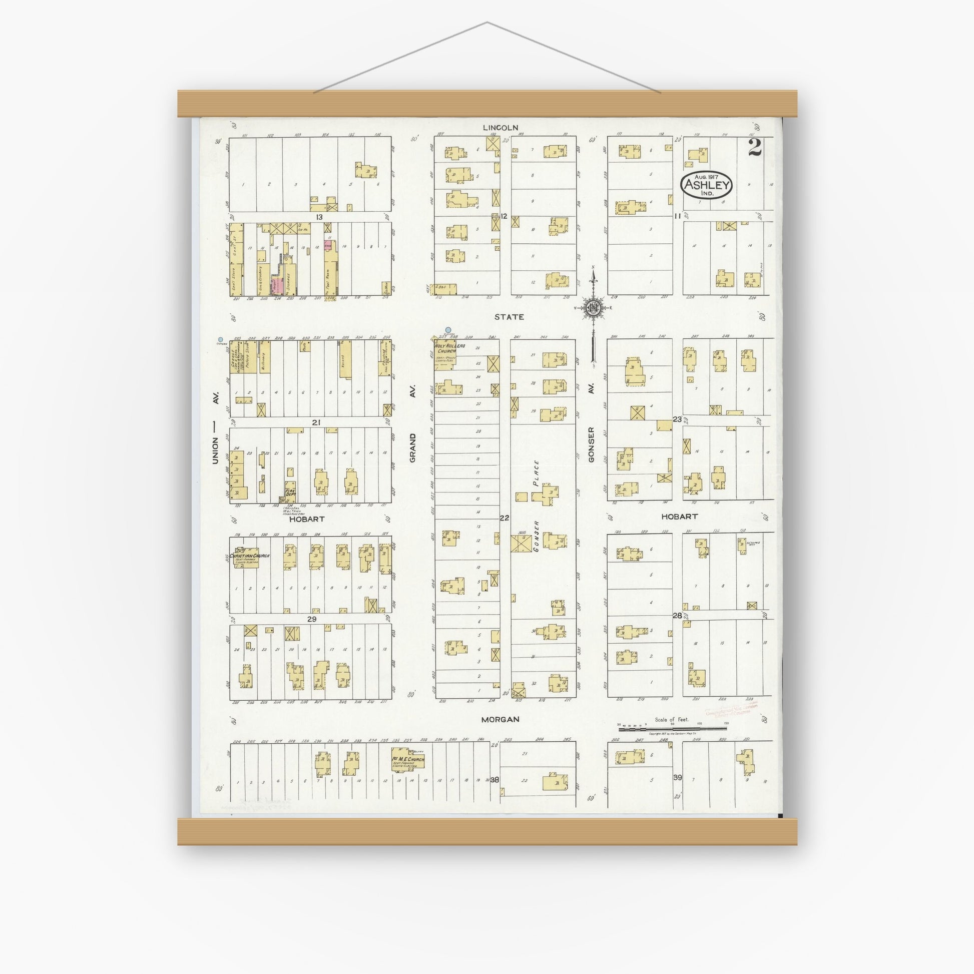 Old map wall art mockup — magnetic wood frame on white wall — Sanborn Fire Insurance Map from Ashley, Steuben County, Indiana (1917), Sheet #0002