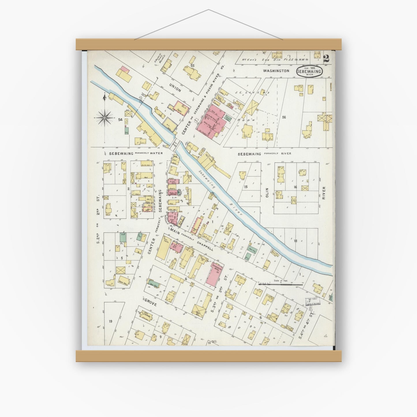 Old map wall art mockup — magnetic wood frame on white wall — Sanborn Fire Insurance Map from Sebewaing, Huron County, Michigan (1895), Sheet #0002