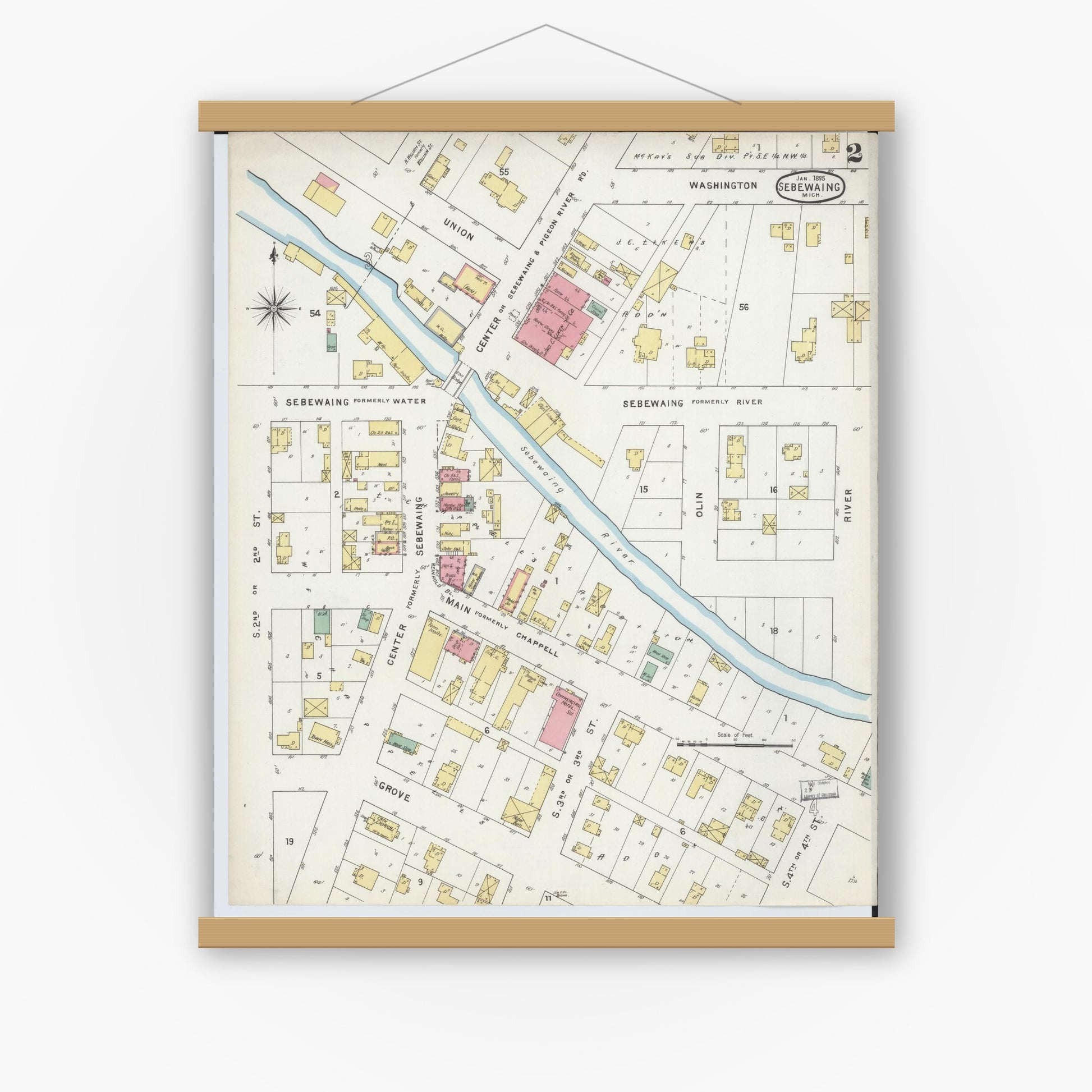 Old map wall art mockup — magnetic wood frame on white wall — Sanborn Fire Insurance Map from Sebewaing, Huron County, Michigan (1895), Sheet #0002