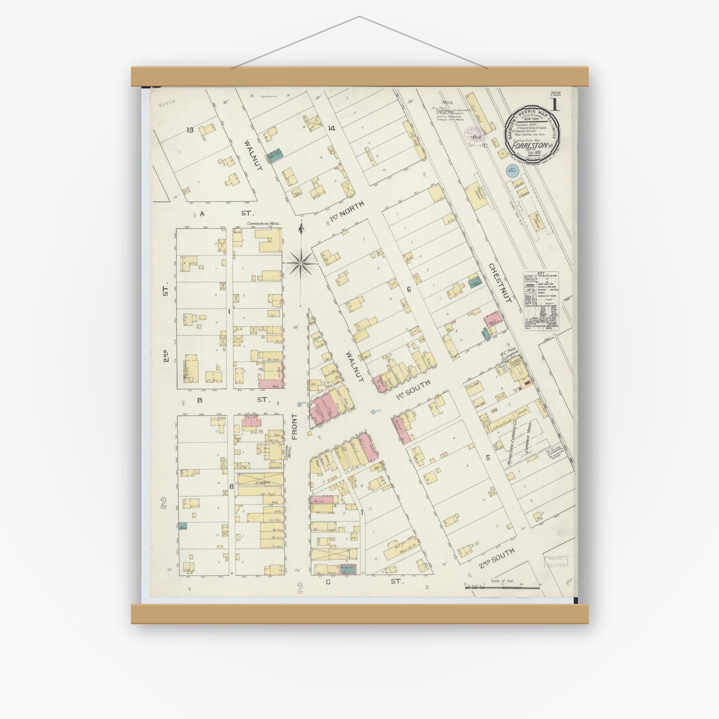 Old map wall art mockup — magnetic wood frame on white wall — Sanborn Fire Insurance Map from Forreston, Ogle County, Illinois (1893) - Complete Map Set