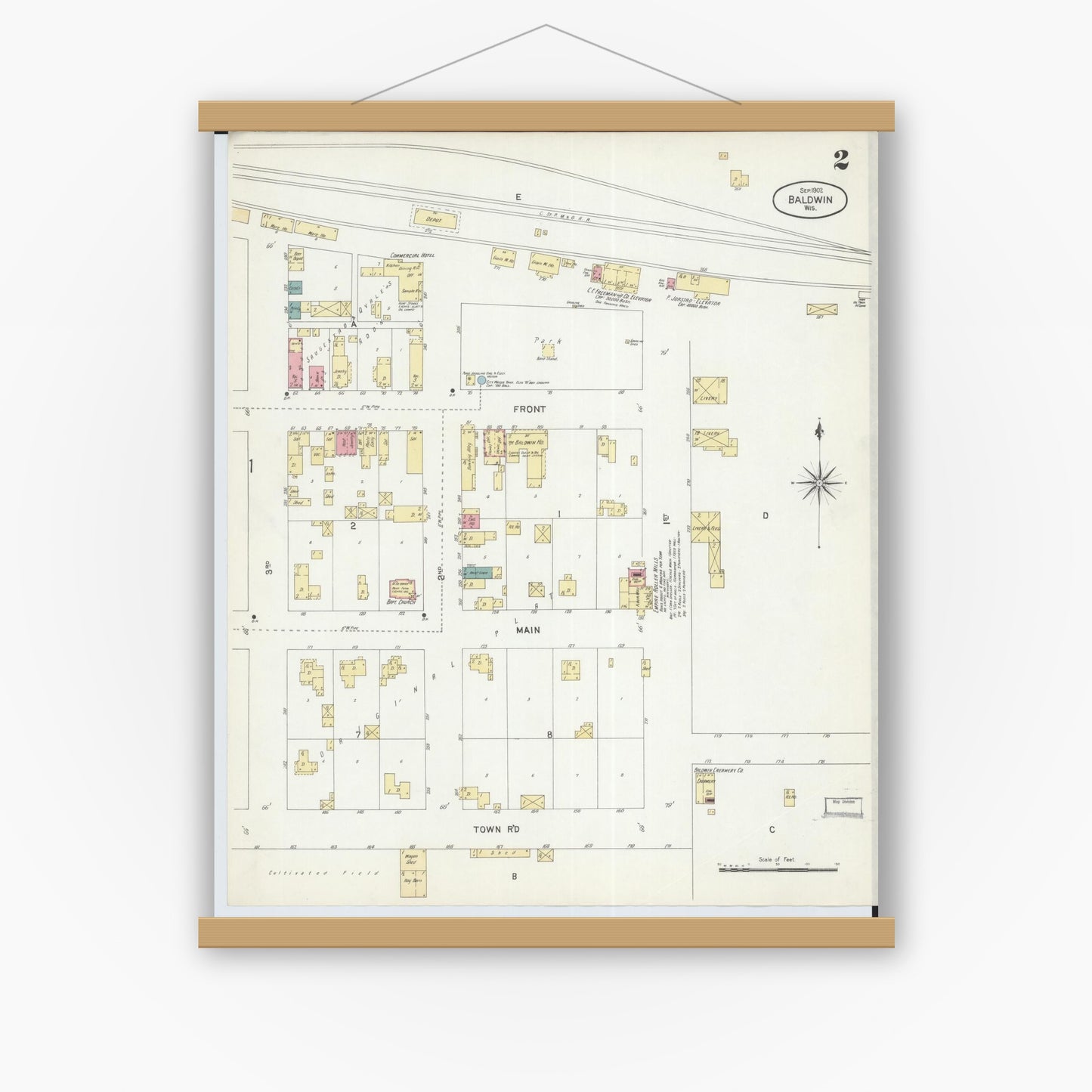 Old map wall art mockup — magnetic wood frame on white wall — Sanborn Fire Insurance Map from Baldwin, St. Croix County, Wisconsin (1902) - Complete Map Set