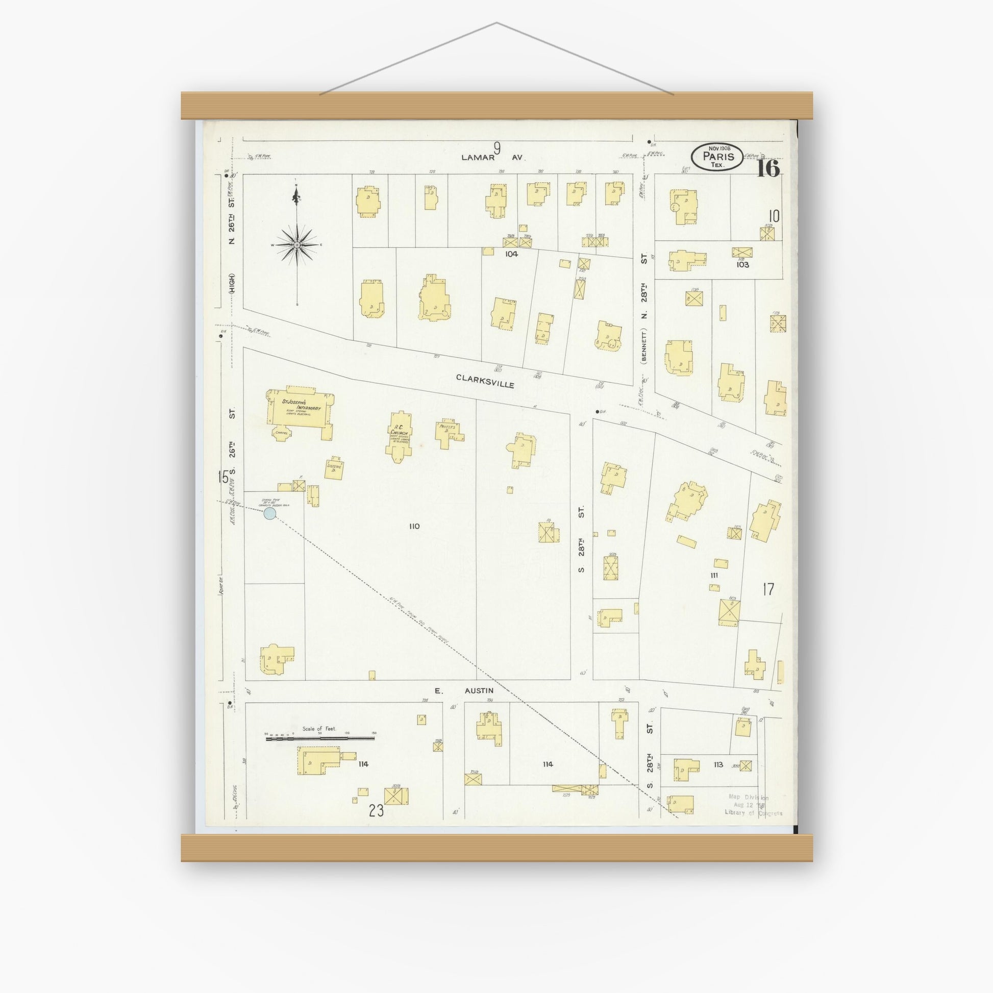 Old map wall art mockup — magnetic wood frame on white wall — Sanborn Fire Insurance Map from Paris, Lamar County, Texas (1908), Sheet #0016