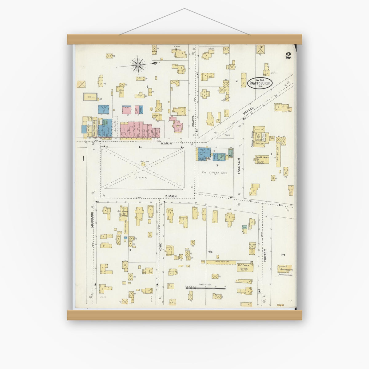 Old map wall art mockup — magnetic wood frame on white wall — Sanborn Fire Insurance Map from Prattsburgh, Steuben County, New York (1906), Sheet #0002