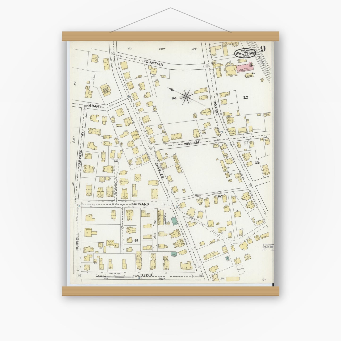 Old map wall art mockup — magnetic wood frame on white wall — Sanborn Fire Insurance Map from Waltham, Middlesex County, Massachusetts (1892), Sheet #0009
