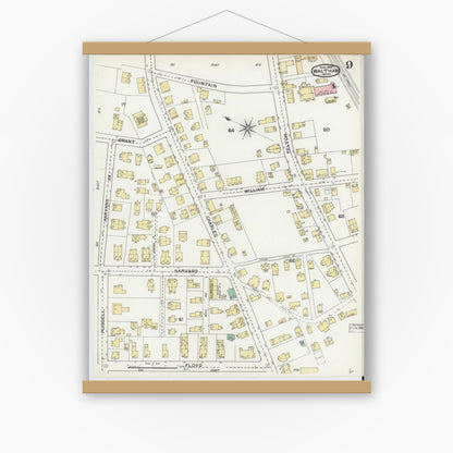 Old map wall art mockup — magnetic wood frame on white wall — Sanborn Fire Insurance Map from Waltham, Middlesex County, Massachusetts (1892), Sheet #0009