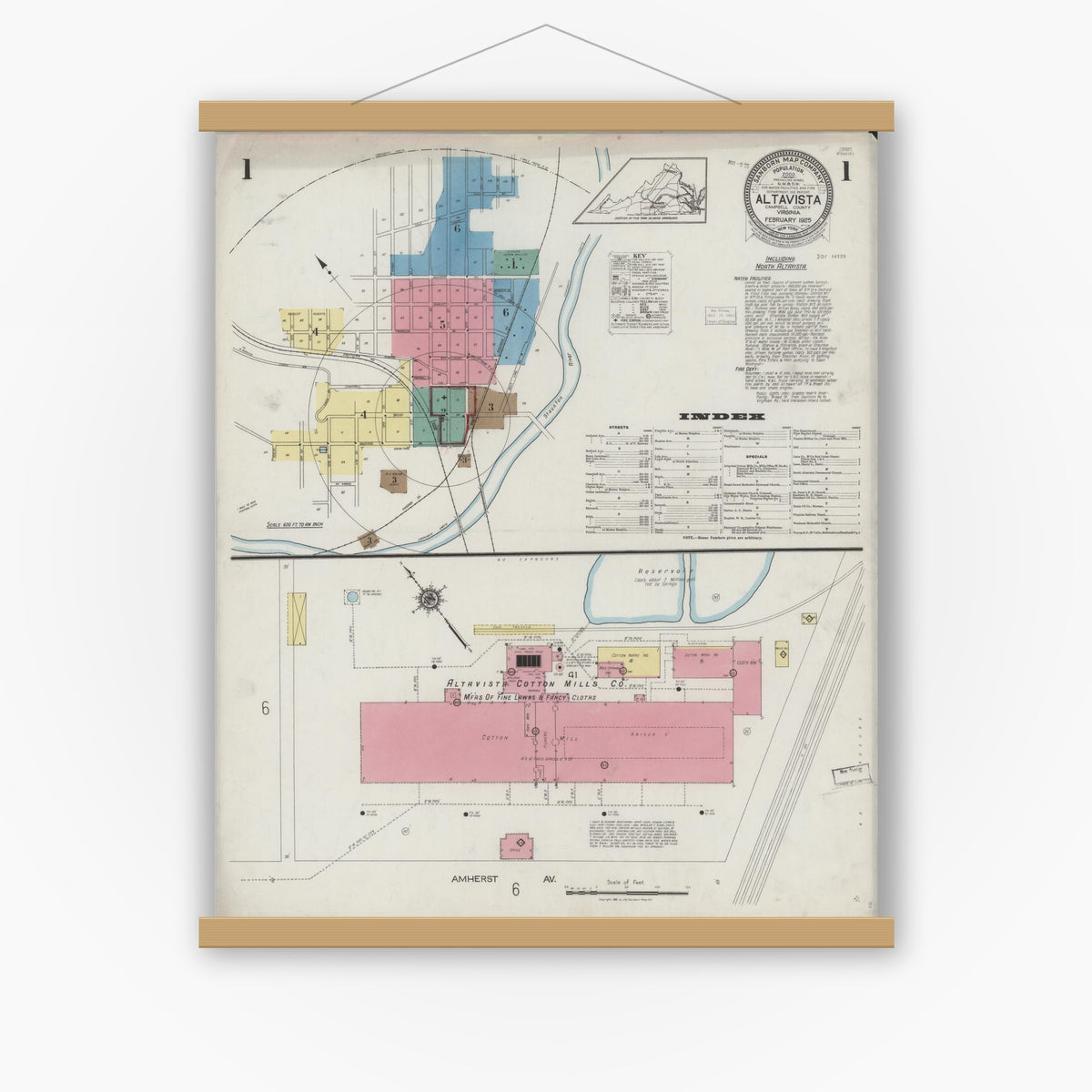 Old map wall art mockup — magnetic wood frame on white wall — Sanborn Fire Insurance Map from Altavista, Campbell County, Virginia (1925) - Complete Map Set