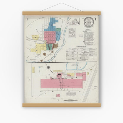 Old map wall art mockup — magnetic wood frame on white wall — Sanborn Fire Insurance Map from Altavista, Campbell County, Virginia (1925) - Complete Map Set