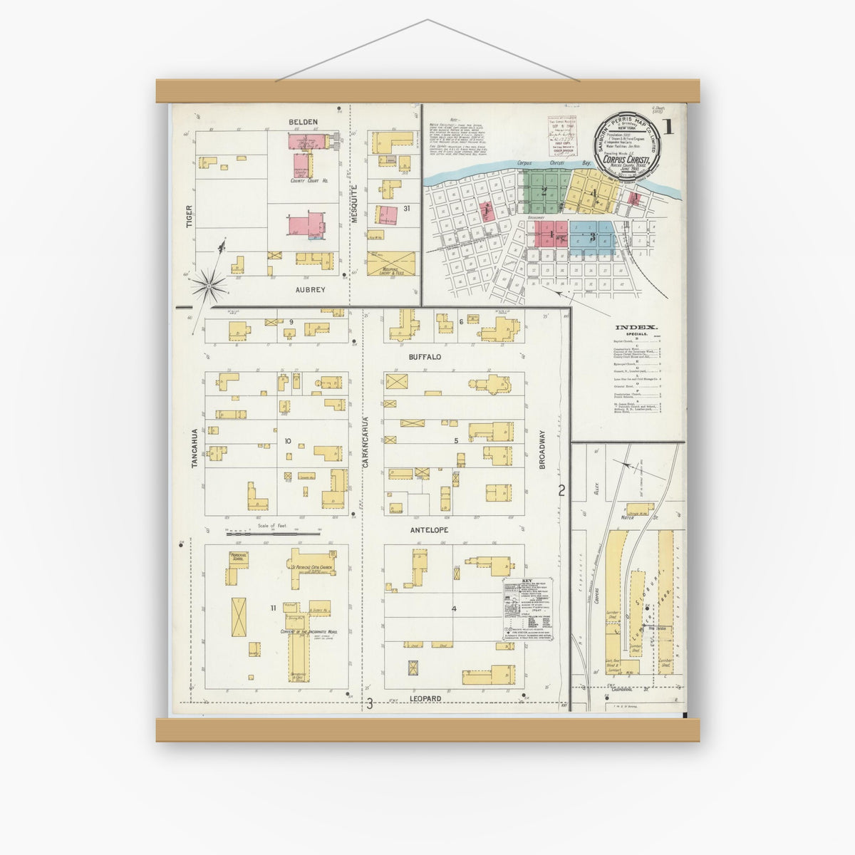 Old map wall art mockup — magnetic wood frame on white wall — Sanborn Fire Insurance Map from Corpus Christi, Nueces County, Texas (1900) - Complete Map Set