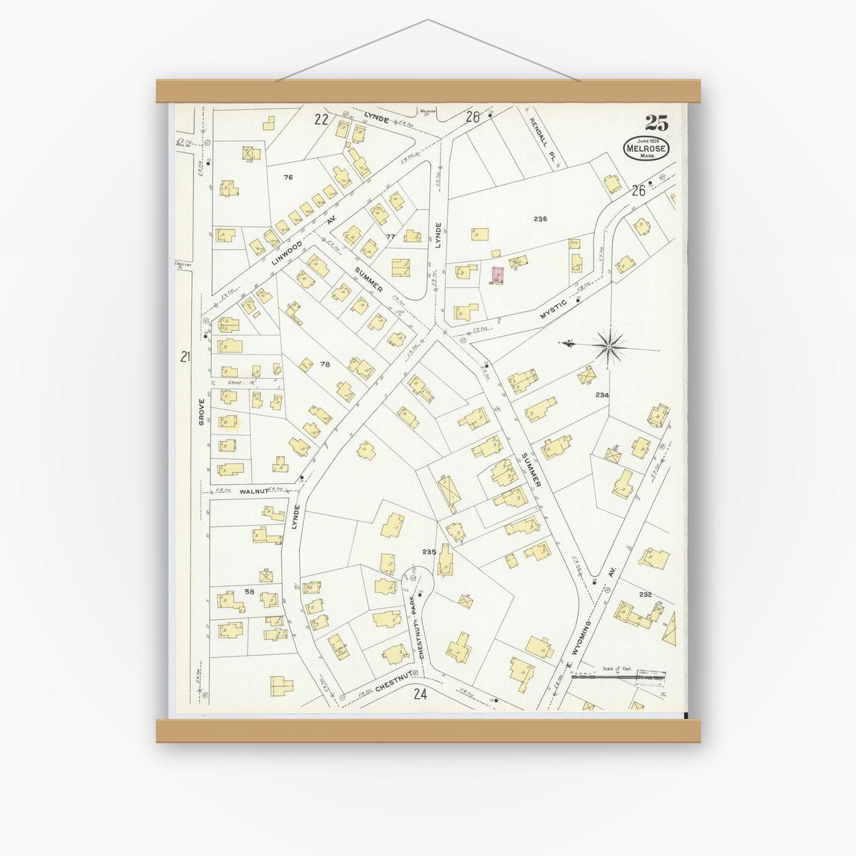 Old map wall art mockup — magnetic wood frame on white wall — Sanborn Fire Insurance Map from Melrose, Middlesex County, Massachusetts (1909), Sheet #0025