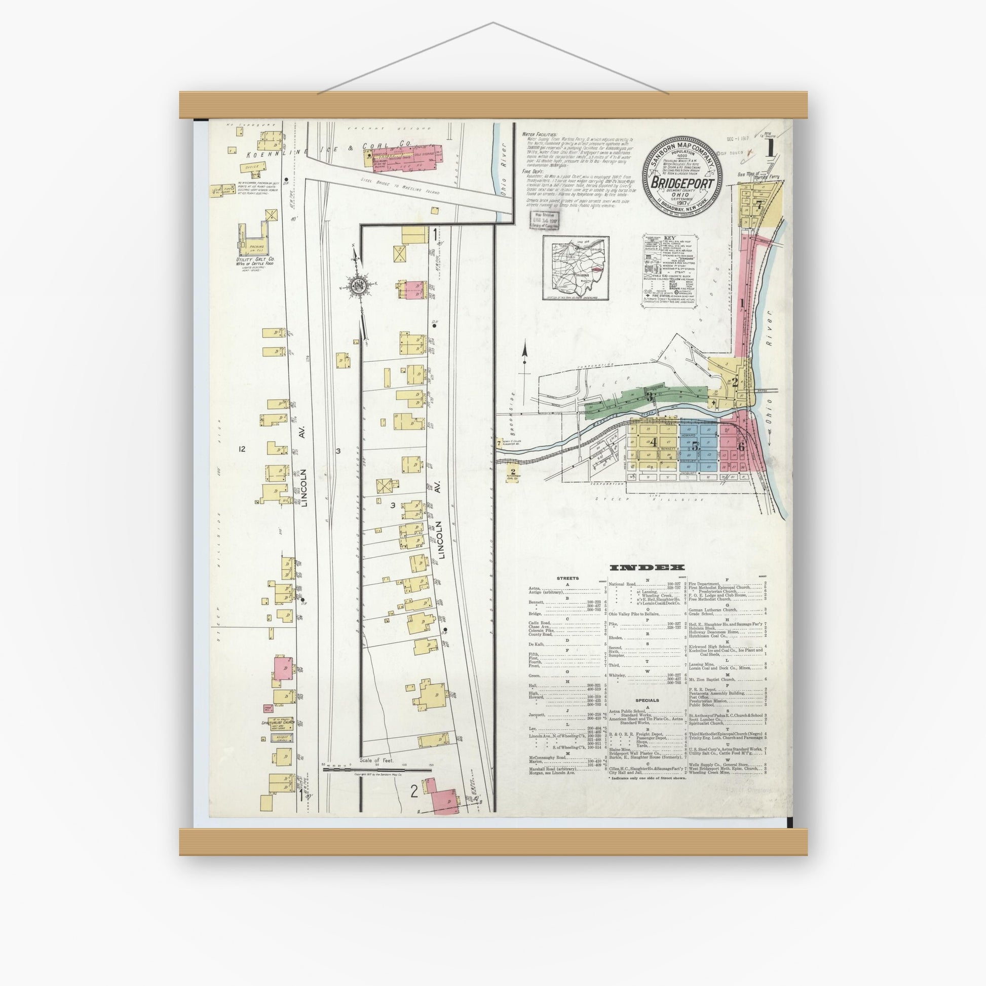 Old map wall art mockup — magnetic wood frame on white wall — Sanborn Fire Insurance Map from Bridgeport, Belmont County, Ohio (1917) - Complete Map Set