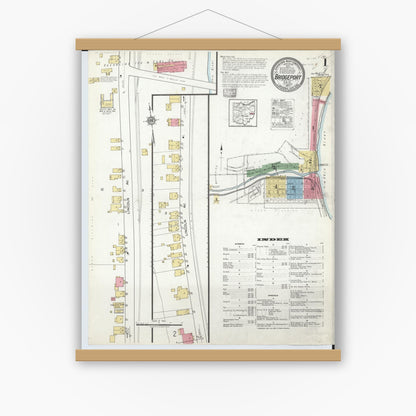 Old map wall art mockup — magnetic wood frame on white wall — Sanborn Fire Insurance Map from Bridgeport, Belmont County, Ohio (1917) - Complete Map Set
