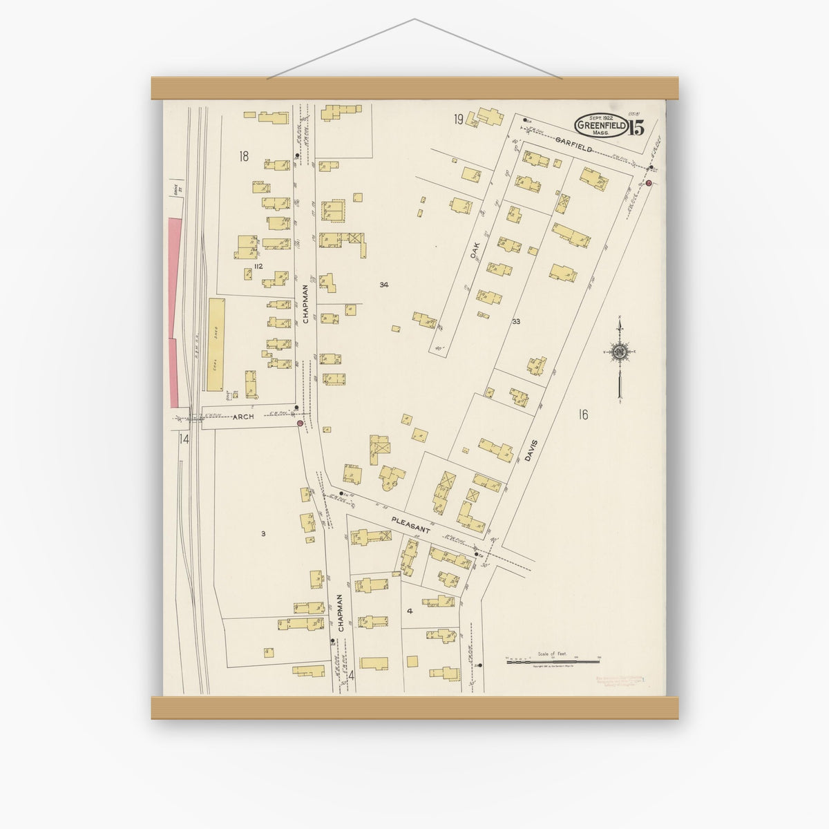 Old map wall art mockup — magnetic wood frame on white wall — Sanborn Fire Insurance Map from Greenfield, Franklin County, Massachusetts (1922), Sheet #0015