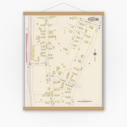Old map wall art mockup — magnetic wood frame on white wall — Sanborn Fire Insurance Map from Greenfield, Franklin County, Massachusetts (1922), Sheet #0015