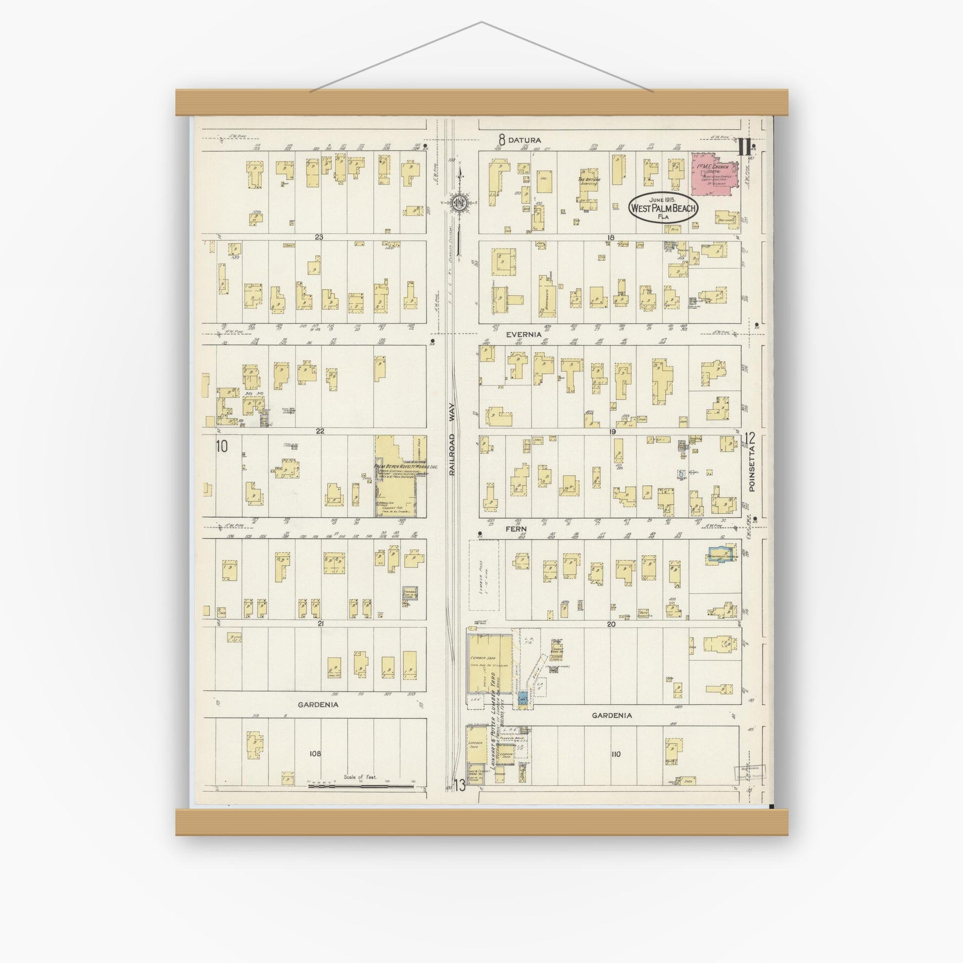 Old map wall art mockup — magnetic wood frame on white wall — Sanborn Fire Insurance Map from West Palm Beach, Dade County, Florida (1915), Sheet #0011