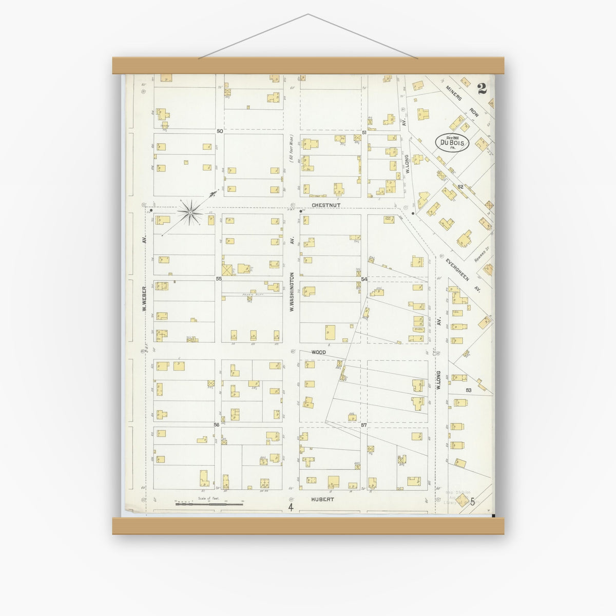 Old map wall art mockup — magnetic wood frame on white wall — Sanborn Fire Insurance Map from Du Bois, Clearfield County, Pennsylvania (1901), Sheet #0002
