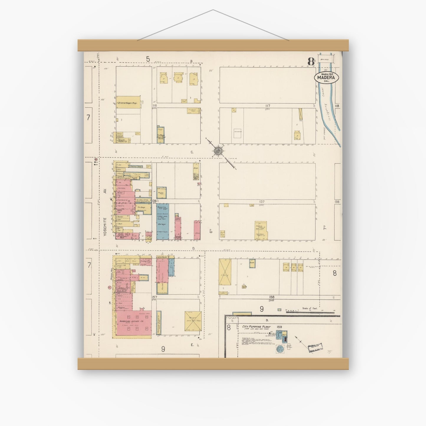 Old map wall art mockup — magnetic wood frame on white wall — Sanborn Fire Insurance Map from Madera, Madera County, California (1912), Sheet #0008