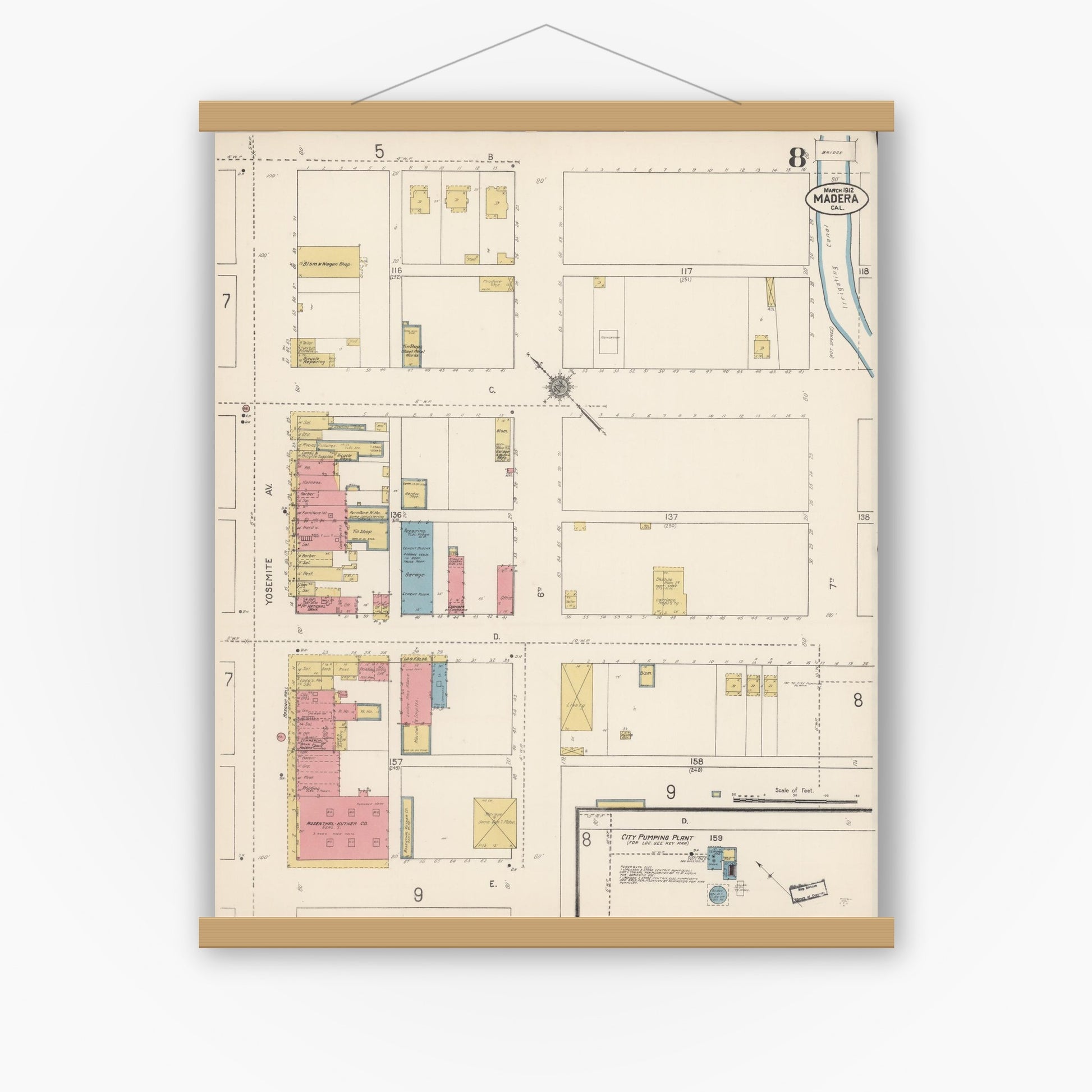 Old map wall art mockup — magnetic wood frame on white wall — Sanborn Fire Insurance Map from Madera, Madera County, California (1912), Sheet #0008