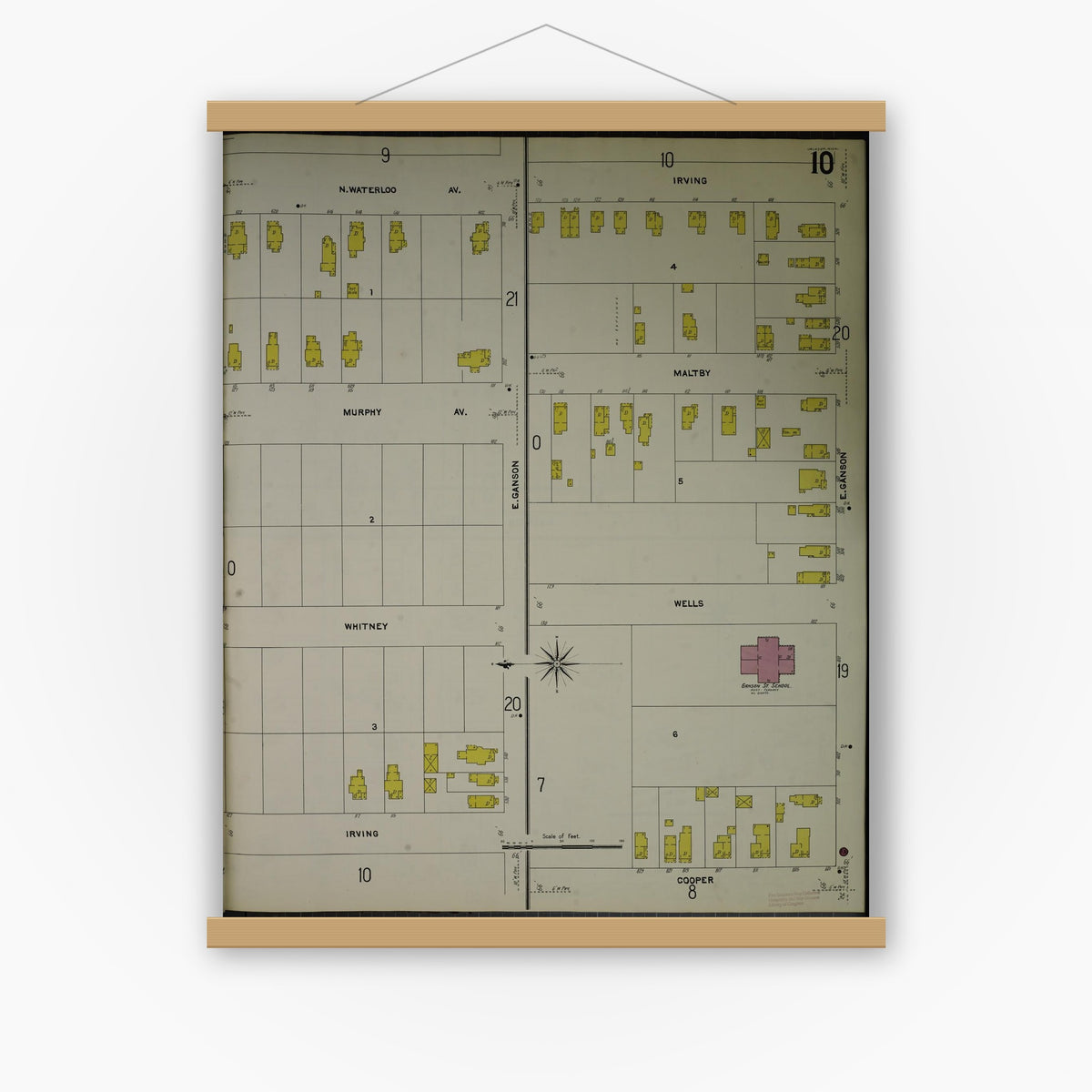 Old map wall art mockup — magnetic wood frame on white wall — Sanborn Fire Insurance Map from Jackson, Jackson County, Michigan (1907), Sheet #0010