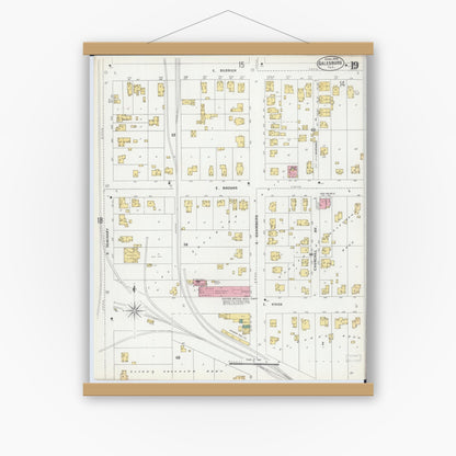 Old map wall art mockup — magnetic wood frame on white wall — Sanborn Fire Insurance Map from Galesburg, Knox County, Illinois (1906), Sheet #0019
