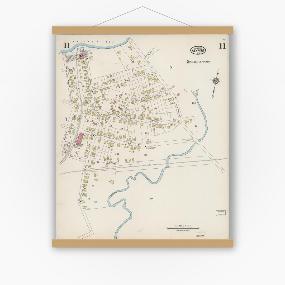 Old map wall art mockup — magnetic wood frame on white wall — Sanborn Fire Insurance Map from Keyport, Monmouth County, New Jersey (1923), Sheet #0011