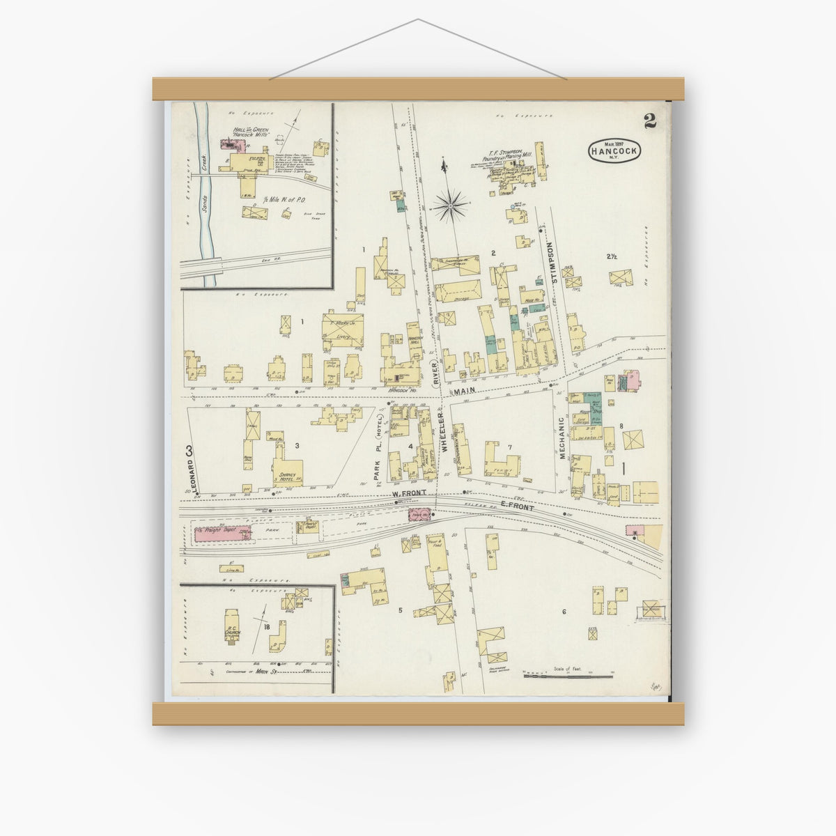 Old map wall art mockup — magnetic wood frame on white wall — Sanborn Fire Insurance Map from Hancock, Delaware County, New York (1897), Sheet #0002