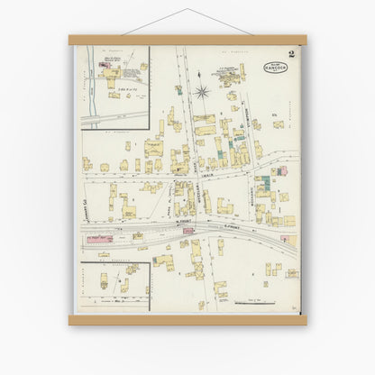 Old map wall art mockup — magnetic wood frame on white wall — Sanborn Fire Insurance Map from Hancock, Delaware County, New York (1897), Sheet #0002