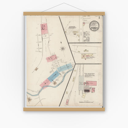 Old map wall art mockup — magnetic wood frame on white wall — Sanborn Fire Insurance Map from Everett, Bedford County, Pennsylvania (1885) - Complete Map Set