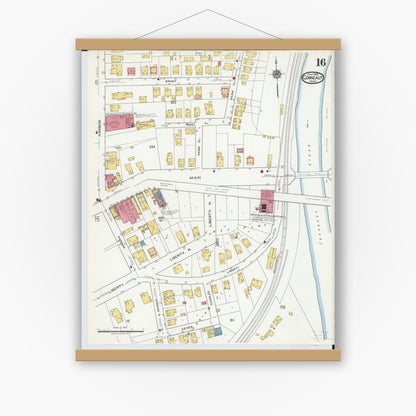 Old map wall art mockup — magnetic wood frame on white wall — Sanborn Fire Insurance Map from Conneaut, Ashtabula County, Ohio (1919), Sheet #0016