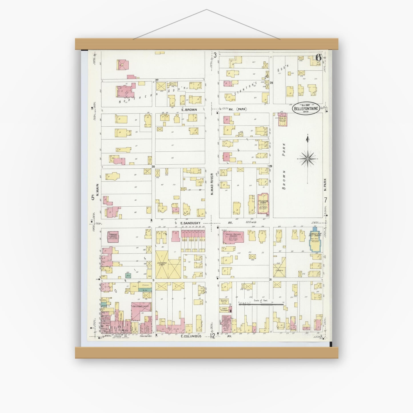 Old map wall art mockup — magnetic wood frame on white wall — Sanborn Fire Insurance Map from Bellefontaine, Logan County, Ohio (1907), Sheet #0006