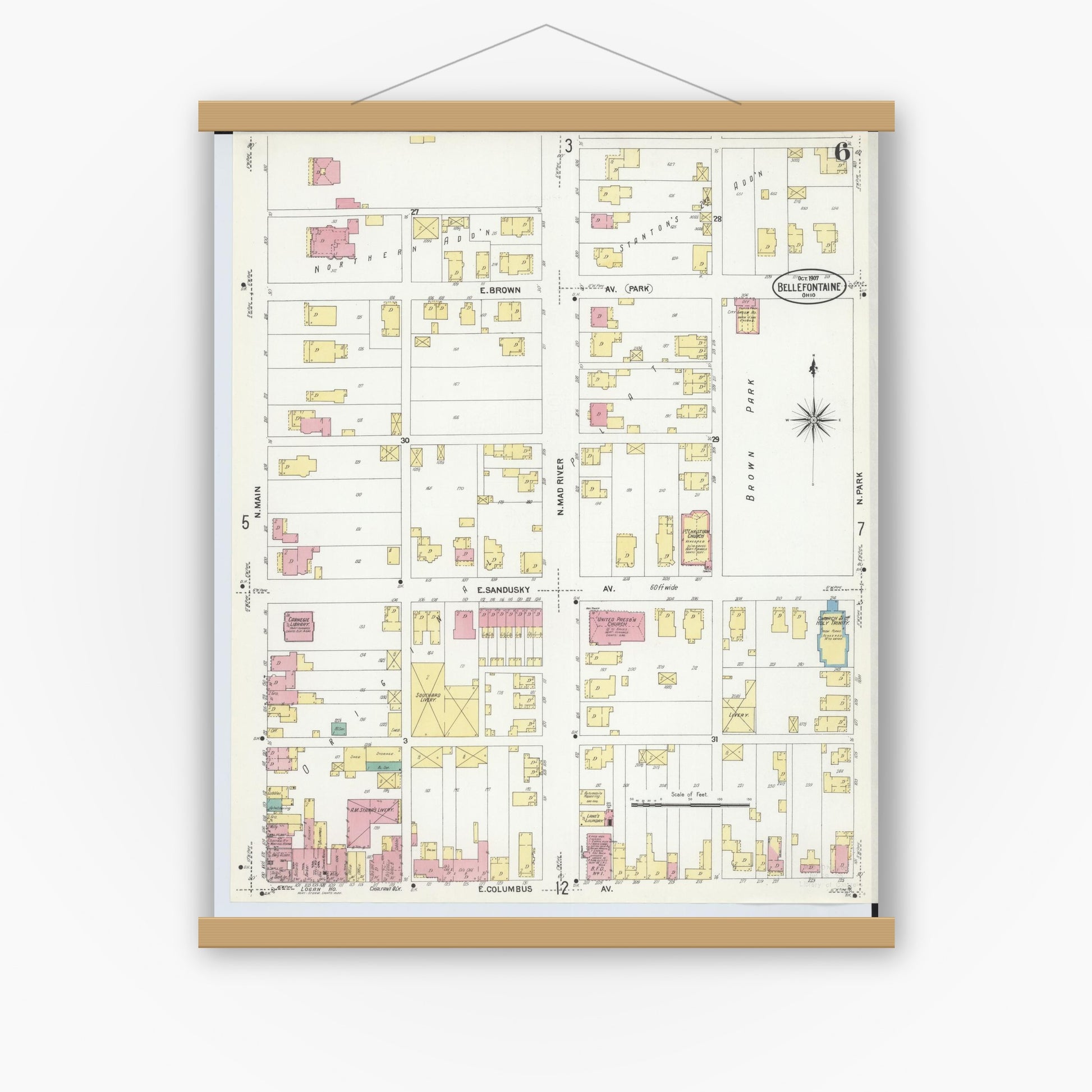 Old map wall art mockup — magnetic wood frame on white wall — Sanborn Fire Insurance Map from Bellefontaine, Logan County, Ohio (1907), Sheet #0006