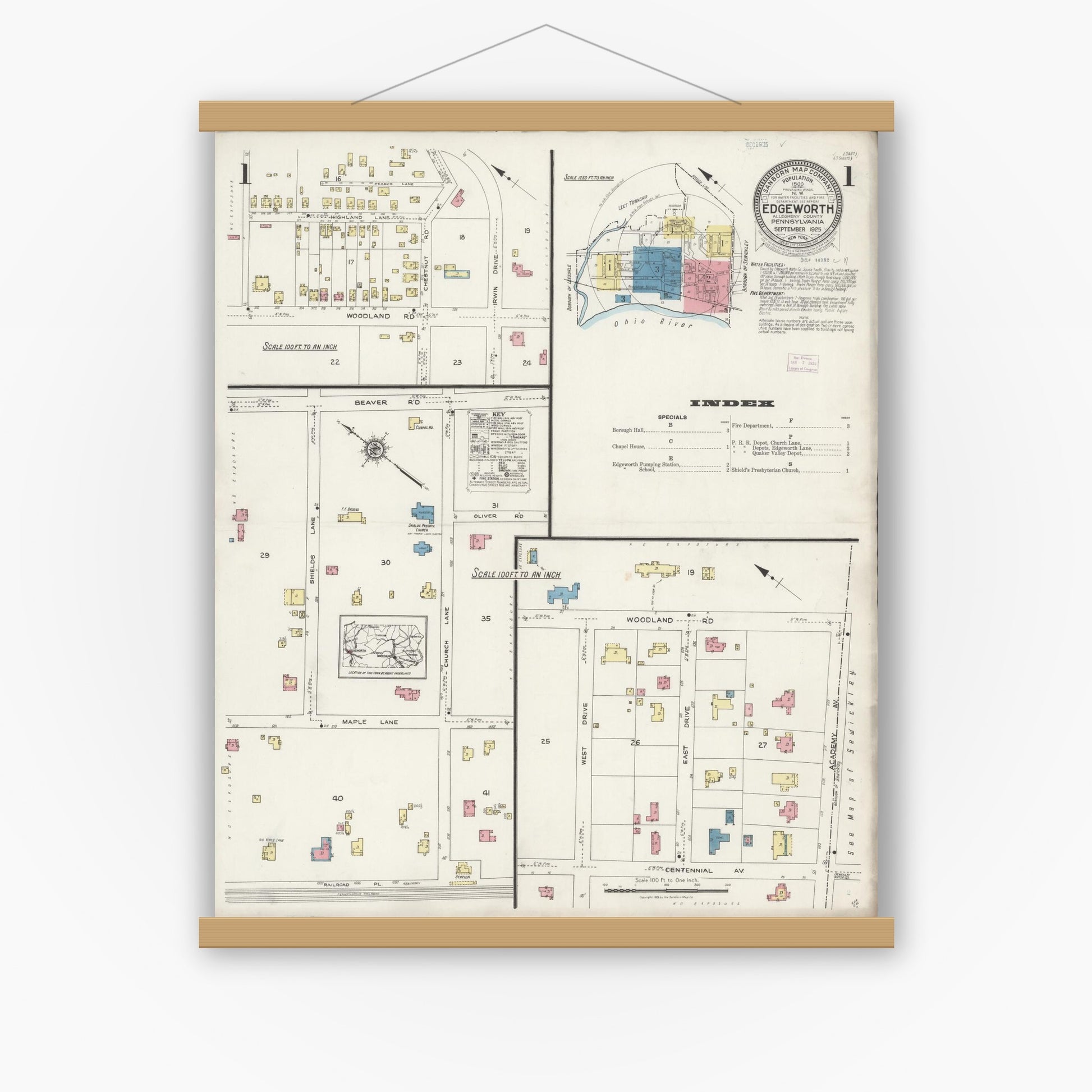Old map wall art mockup — magnetic wood frame on white wall — Sanborn Fire Insurance Map from Edgeworth, Allegheny County, Pennsylvania (1925), Sheet #0001