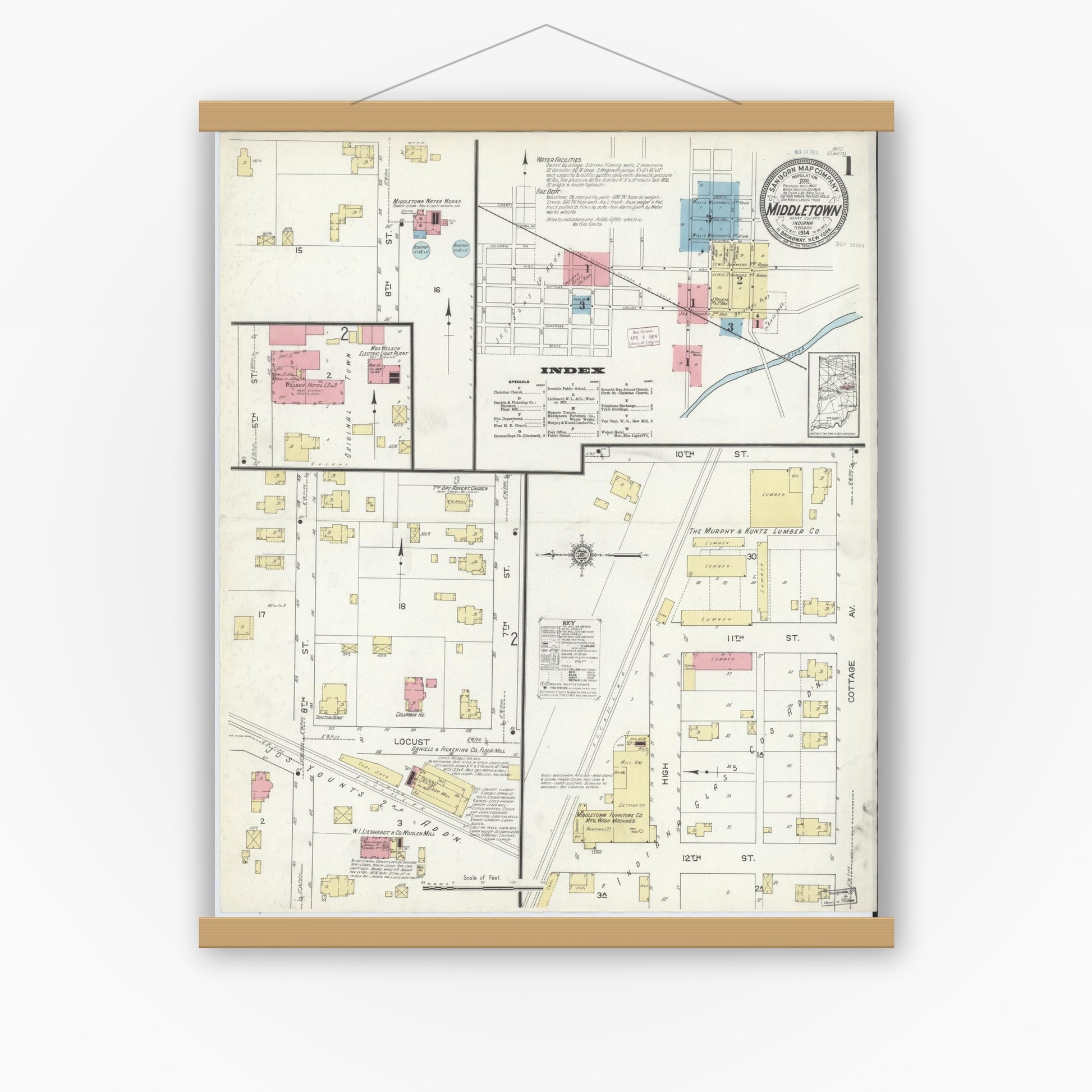Old map wall art mockup — magnetic wood frame on white wall — Sanborn Fire Insurance Map from Middletown, Henry County, Indiana (1914) - Complete Map Set