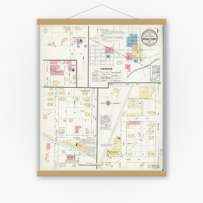 Old map wall art mockup — magnetic wood frame on white wall — Sanborn Fire Insurance Map from Middletown, Henry County, Indiana (1914) - Complete Map Set