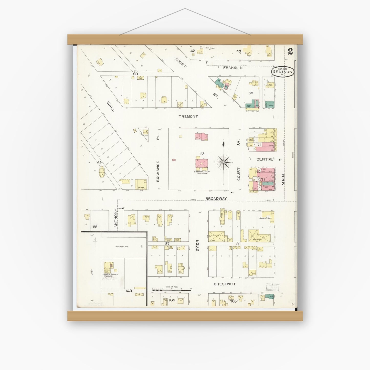 Old map wall art mockup — magnetic wood frame on white wall — Sanborn Fire Insurance Map from Denison, Crawford County, Iowa (1893), Sheet #0002