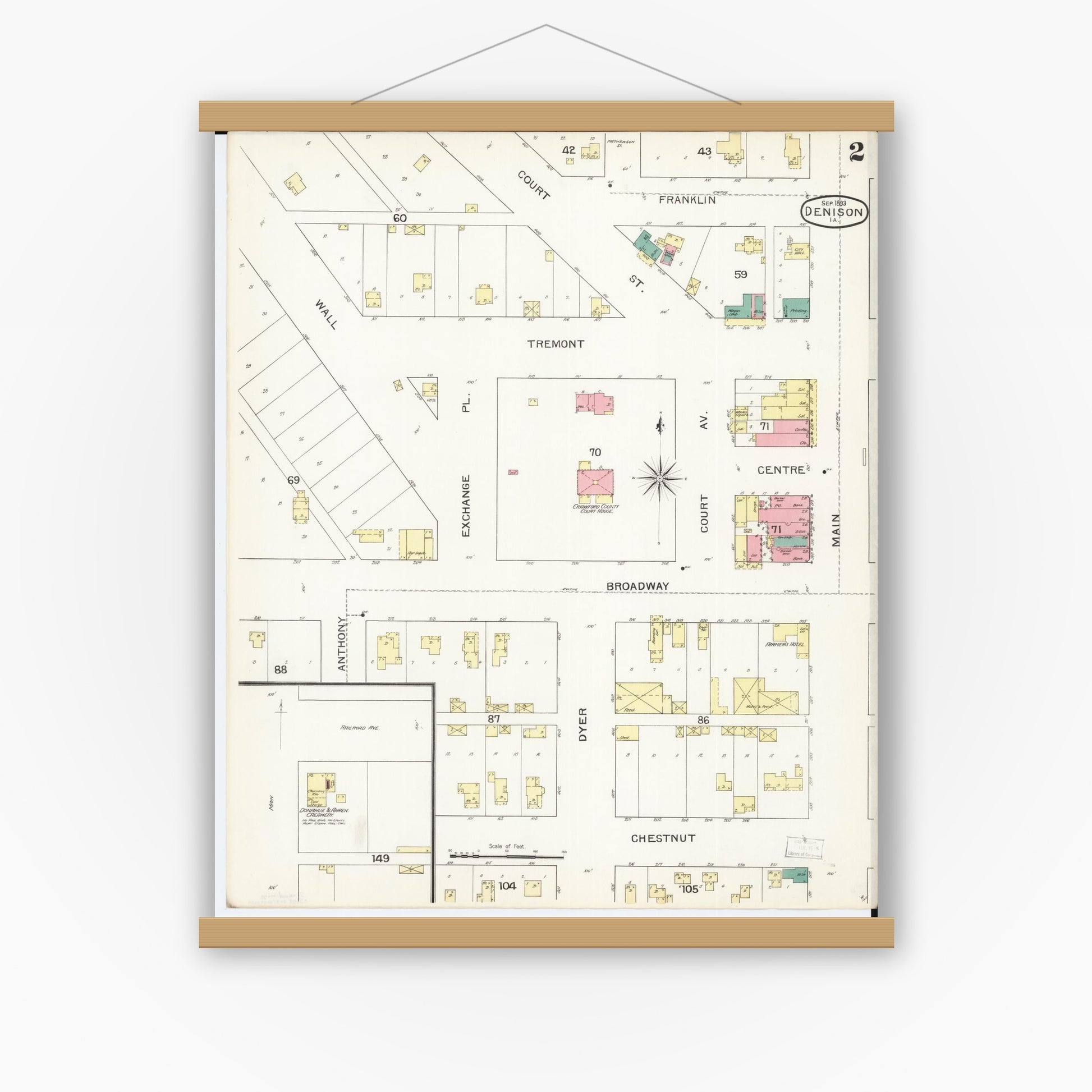 Old map wall art mockup — magnetic wood frame on white wall — Sanborn Fire Insurance Map from Denison, Crawford County, Iowa (1893), Sheet #0002