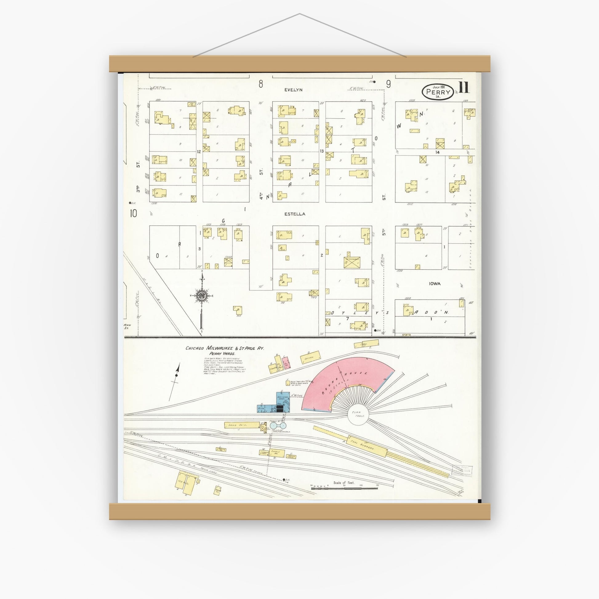 Old map wall art mockup — magnetic wood frame on white wall — Sanborn Fire Insurance Map from Perry, Dallas County, Iowa (1911), Sheet #0011